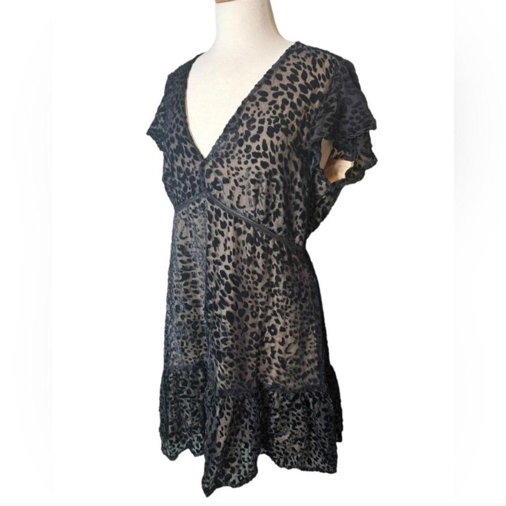 LUCY PARIS black Velvet And Mesh, Nude Underlay leopard print Vneck mini dress